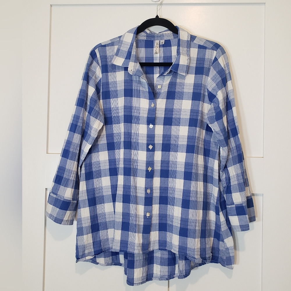 LuLu-B Button Down Tunic Shirt Long Sleeves Cotton Stretch Blue White Plaid Smal